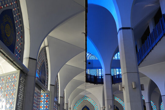Beautiful islamic architecture and arches inside a mosque in Malaysia in Dec 2025.