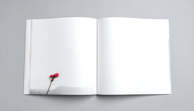 Open blank book with delicate pink flower and bud on left page, clean spread for copy space