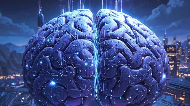 A glowing digital brain floats above a futuristic city landscape