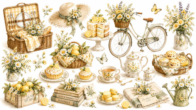 Watercolor lemon picnic vector clipart set with vintage bicycle, daisy bouquets, picnic basket, and summer desserts