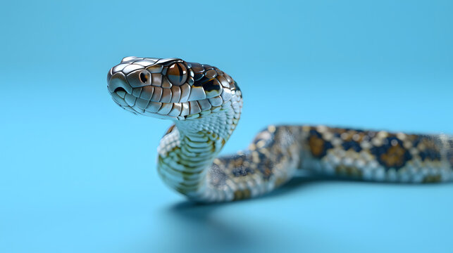 Close-up of a coiled snake with colorful patterns on its body against a blue background, looking alert and ready to strike.