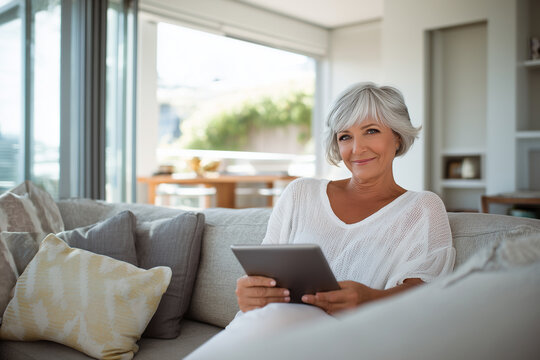 Confident senior reviewing retirement investments at home, symbolizing financial security, independence, and smart future planning. Elderly woman using tablet, technology, lifestyle.