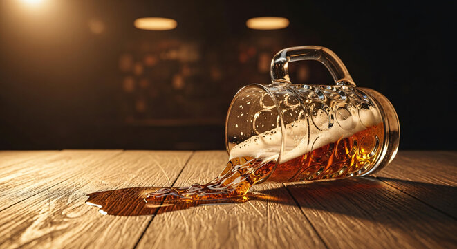 Spilled Beer Mug on a Rustic Wooden Table in a Dark Pub Setting