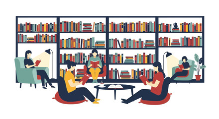 People reading books in a cozy library with bookshelves © kadal