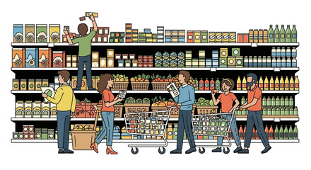 People Shopping in Supermarket Aisle with Full Shelves © kadal