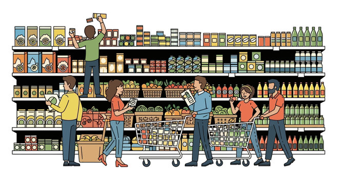 People Shopping in Supermarket Aisle with Full Shelves