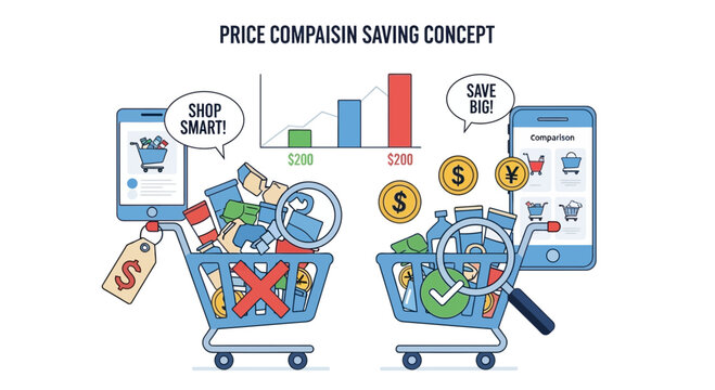 Price comparison shopping concept, saving money with smart choices