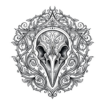 Intricate raven skull ornamental design art.