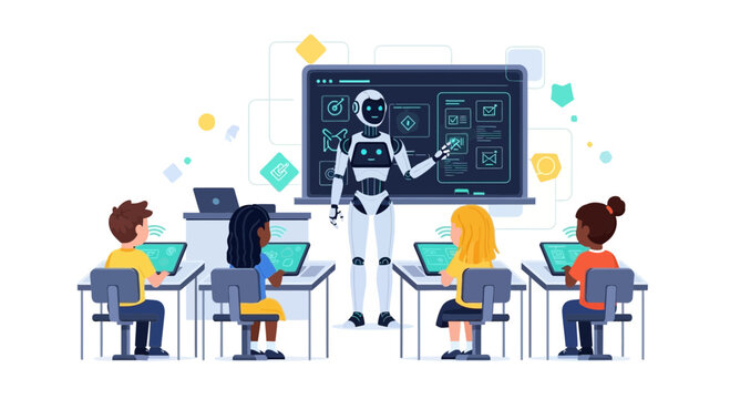 Robot Teacher Educating Children in Classroom with Laptops