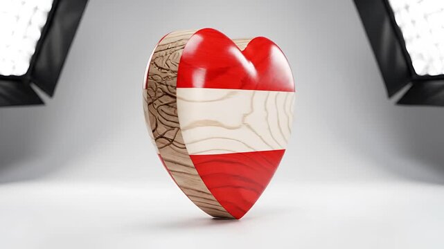 Heart Shaped Object with Austrian Flag Colors and Wood Texture.