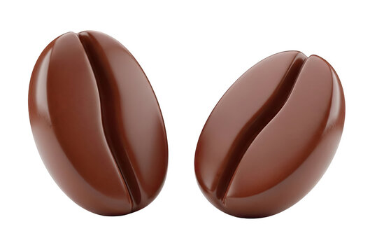 Two stylized brown coffee beans with distinct grooves, isolated on transparent background