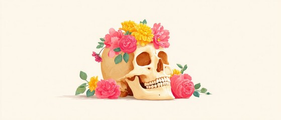 Naklejka premium Human Skull Decorated With Vibrant Watercolor Flowers for Spiritual Memento Mori Design Surreal Symbolic Art and Contemporary Life Death Balance Concept