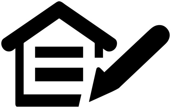 Solid black filled icon of homestead exemption application house with checkmark symbol