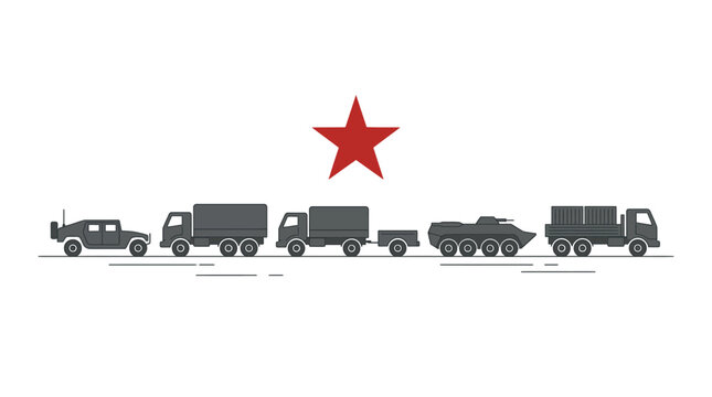 Military Vehicles and Red Star Silhouette on White Background
