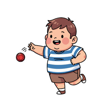 Happy cartoon boy playing with colorful bouncing ball.