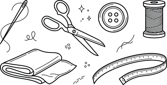 Sewing kit and hand drawn tailoring craft doodle vector elements isolated on white background