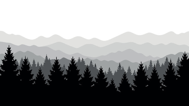 Minimalist vector illustration featuring layered mountain ranges and dense evergreen pine forests in monochrome shades