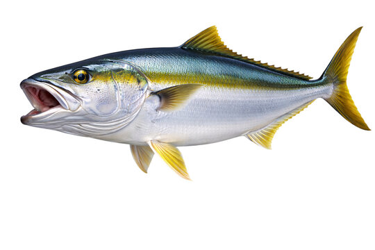 Yellowtail kingfish with open mouth and yellow fins on png isolated transparent