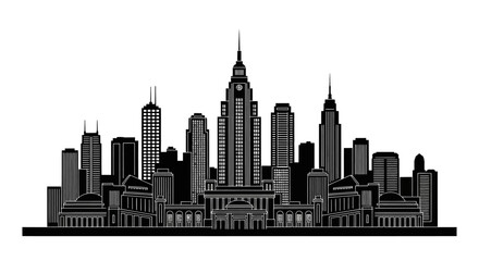 Fototapeta premium Black and white city skyline silhouette, modern urban architecture