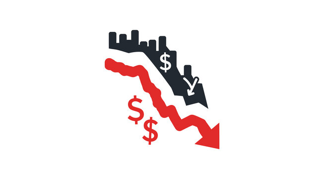 Descending financial bar chart icon representing economic recession, business decline, and negative market trend with analytical data visualization for professional corporate statistics.
