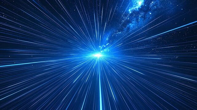 A bright blue light streaks through the dark cosmic void space