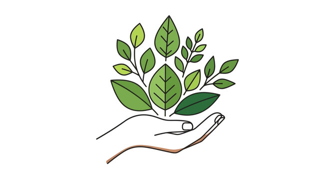 Hands holding a green leaf icon for natural organic product label and ecological recyclable packaging vector illustration for environmental sustainability and eco branding