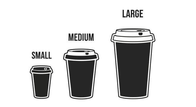 Vector Illustration of a Plastic Drink Cup Size Icon Set Featuring Small Medium and Large Beverage Containers with Simple Lids Isolated on White Background for Fast Food Packaging Design