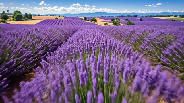 Vibrant purple lavender fields stretch toward the distant horizon