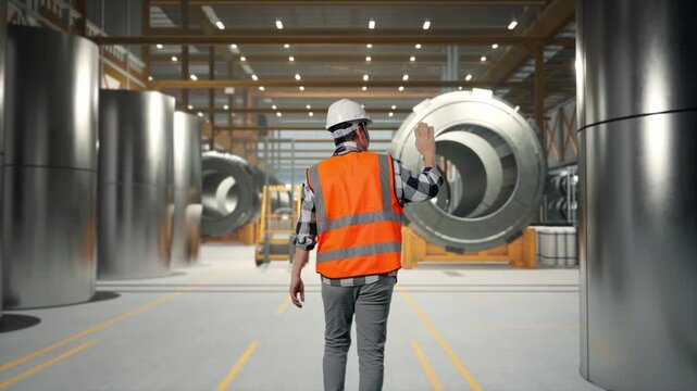 Back of Asian Male Engineer Waving Hand Saying Bye While Walking at Heavy Factory with Large Turbine Components