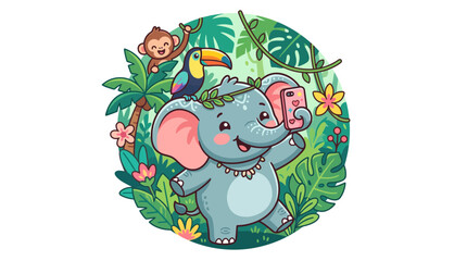 Cute elephant taking selfie with monkey and toucan in jungle © punduh