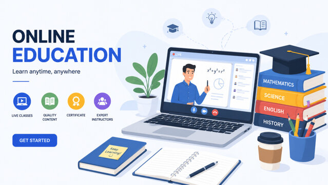 Online education icons, e-learning vector graphics, digital learning illustrations, educational website elements