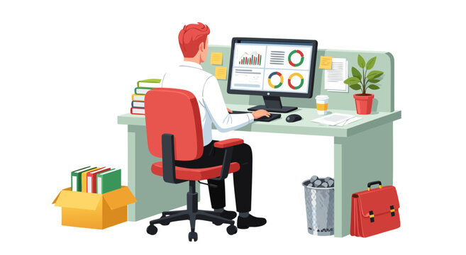 Vector illustration of a businessman working on a computer at his desk, analyzing data