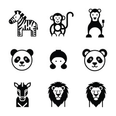 Obraz premium Set of nine cute black and white animal icons isolated on transparent background