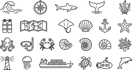 Ocean and sea life vector line icons set for marine adventure design elements isolated on white background © AKTAR