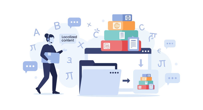 Content translation and localization concept illustration, document transfer and communication