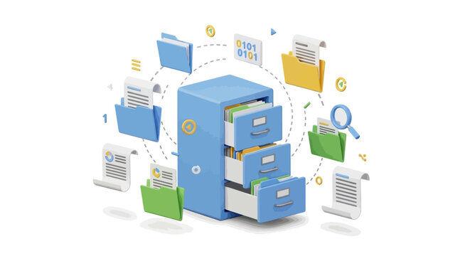 Digital file storage icon featuring organized office folders and paper documents representing a modern data management system, electronic archive organization, and professional documentation workflow.