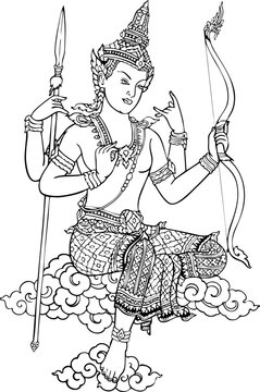 Four armed deity with bow and spear sitting on clouds vector