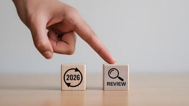 2026 Review A Close-Up Photograph of Two Wooden Blocks, One Showing '2026' and the Other 'Review' with a Magnifying Glass Icon, as a Finger Points Towards the 'Review' Block