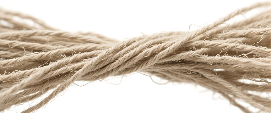 Close up of thick natural twine rope twisted in studio isolated on white.