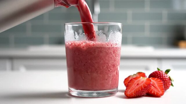 Pouring strawberry smoothie into a glass, delicious drink, healthy breakfast, food and beverage photography