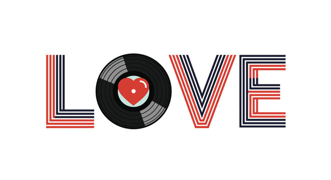 Love word graphic design featuring a vinyl record as the letter O with a heart in the center on a white background for music lovers and DJs.