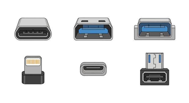 Universal serial bus interface connector set including type-c type-a micro and lightning plug icons for mobile smartphone charging technology vector graphic illustration