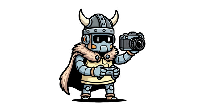 Cartoon Viking Robot Holding Camera and Gamepad.
