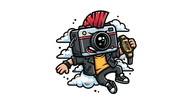 Whimsical cartoon camera character with wild punk hairstyle.