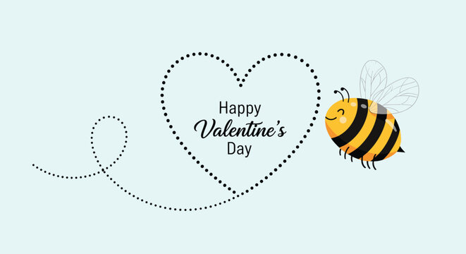 Sweet Valentine card features a busy bumblebee flying in a dotted path that forms a large heart shape on blue.