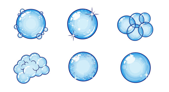 Graphic vector illustration of translucent soap bubbles foam and fizzy sparkling water droplets with oxygen spheres representing carbonated soda and refreshing liquid purity.
