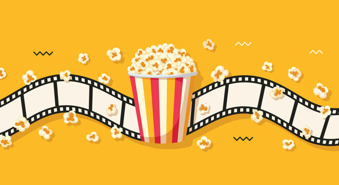 Cinema themed illustration shows a bucket of popcorn and a winding film strip over a bright yellow background.