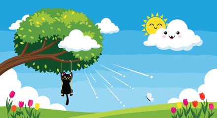 Naklejka premium Black cat playing on a rope swing hanging from a large green tree in a sunny meadow landscape with flowers and clouds.