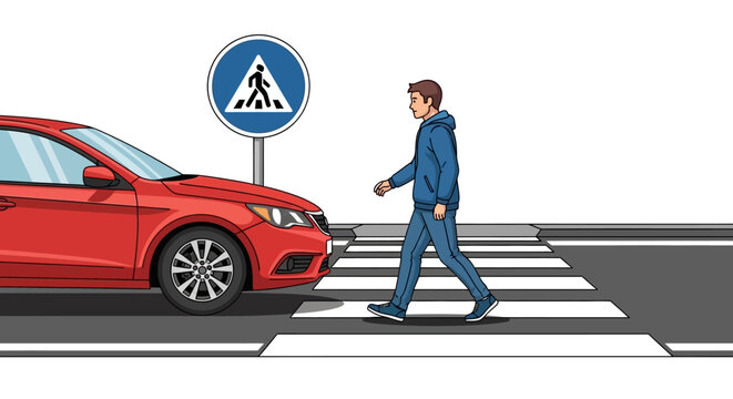 Urban pedestrian navigating zebra crosswalk on city street while automobile pauses near regulatory traffic sign, vector illustration depicting road safety, transit mobility and transportation.