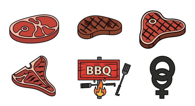 Comprehensive collection of beef meat vector icons featuring raw steak cuts grilled barbecue symbols butcher shop pictograms and protein food elements for menu design and culinary graphics
